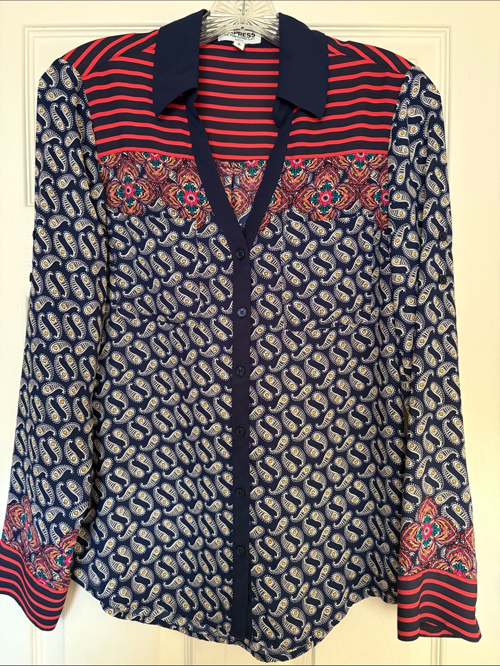 Express Navy Paisley Button-Down with Red Stripe & Floral Trim